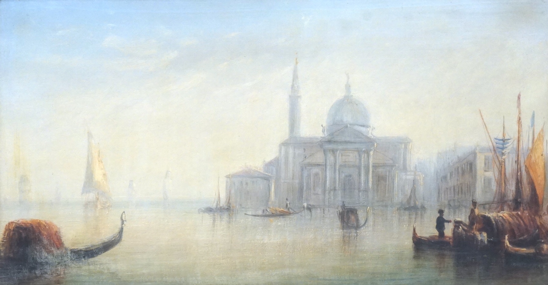 After Guardi (Italian, 1712-1793), oil on canvas, Venetian scene with gondolas, unsigned, 28 x 55cm, ornate frame